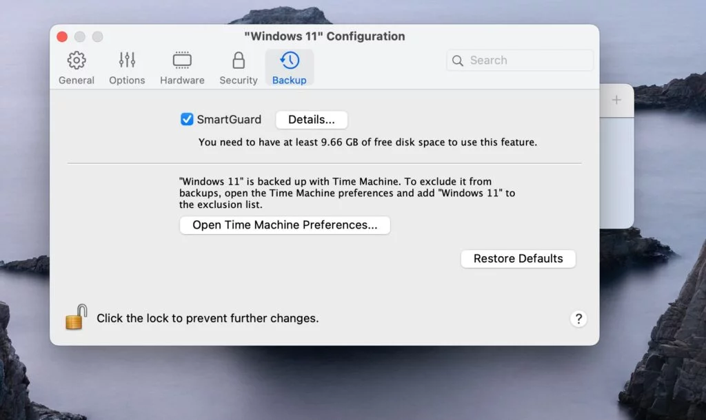 parallels backup feature