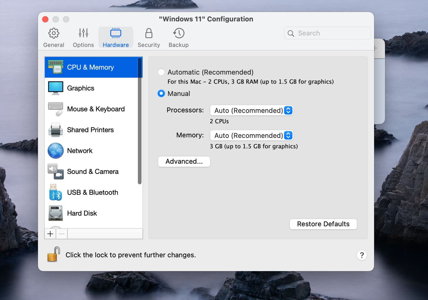 parallels settings