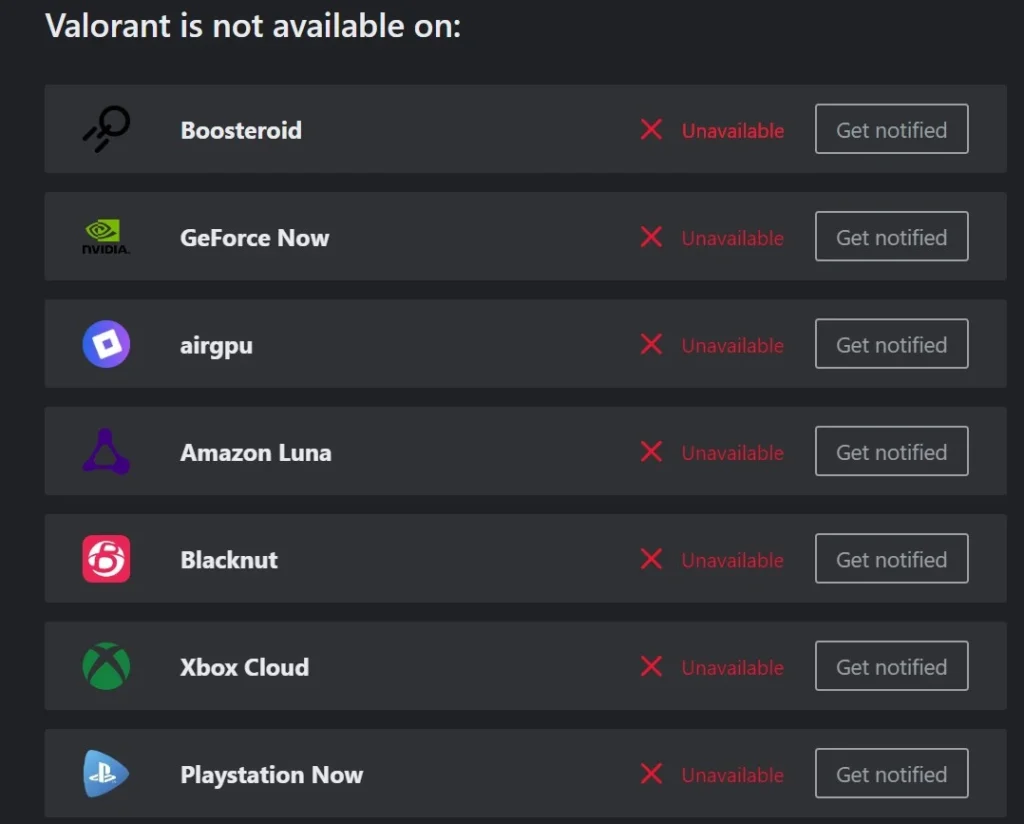 Valorant is not available on cloud gaming platforms
